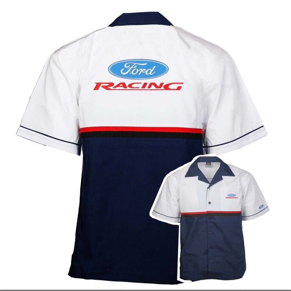 Ford Racing Pit crew Shirt, White / Navy Blue, With Embroidered Ford Racing Logo